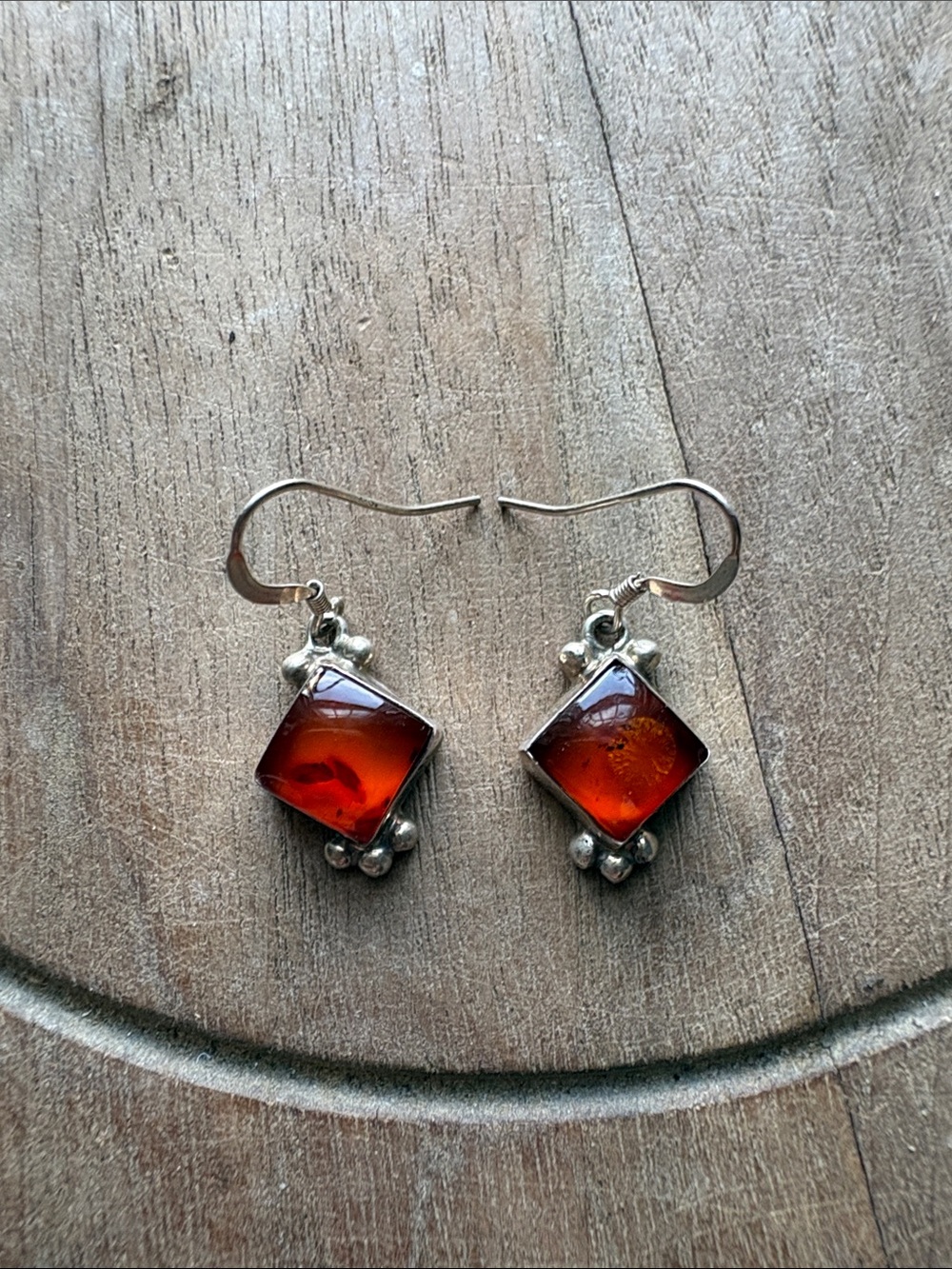 Sterling Silver Amber Drop Earrings - Deep Orange Red